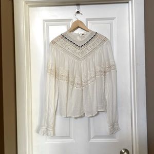 Free People sz M gauze beige boho blouse with navy ribbon